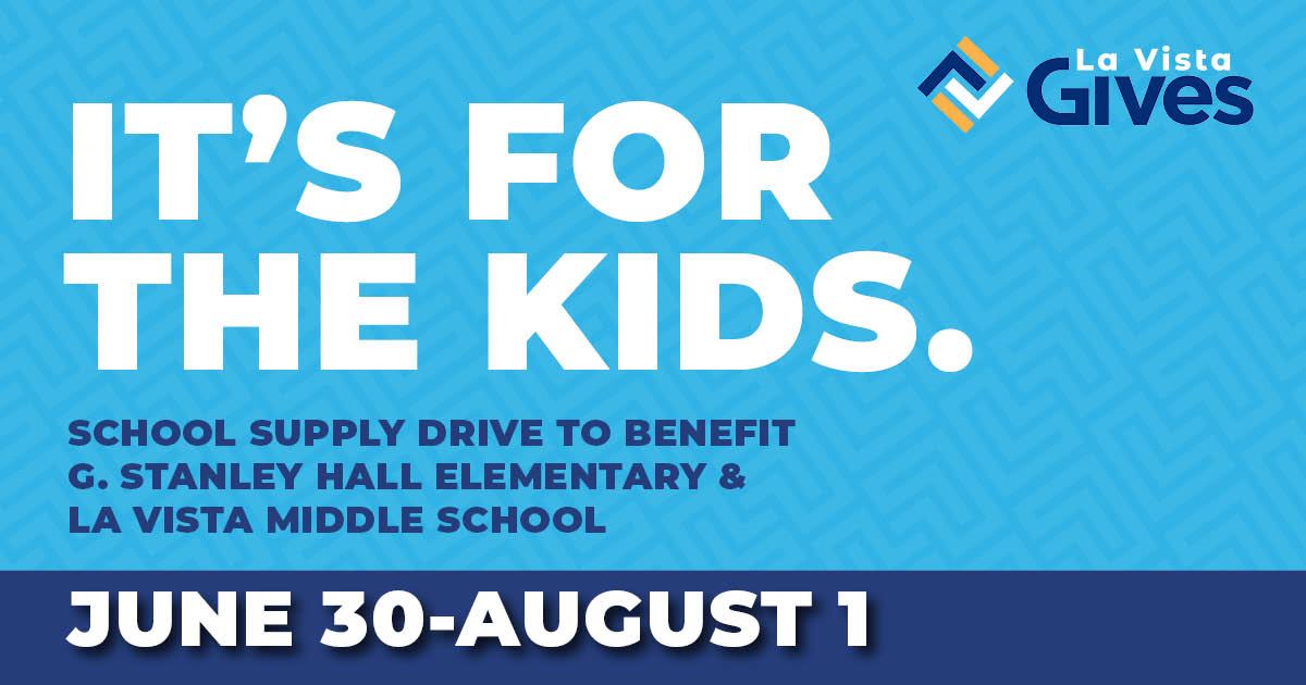 La Vista Gives logo and text with school supply drive date