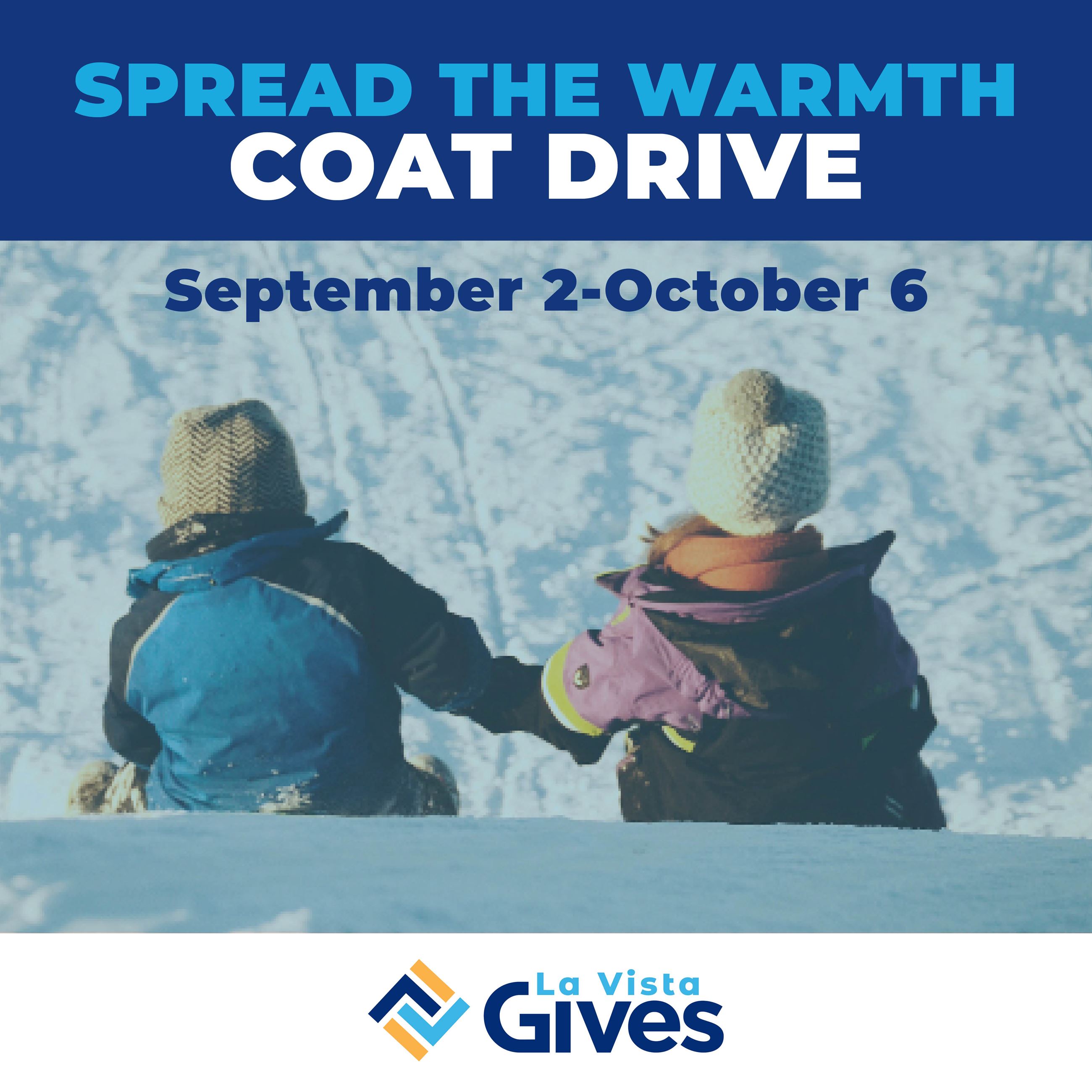 Two children playing in the snow wearing winter coats